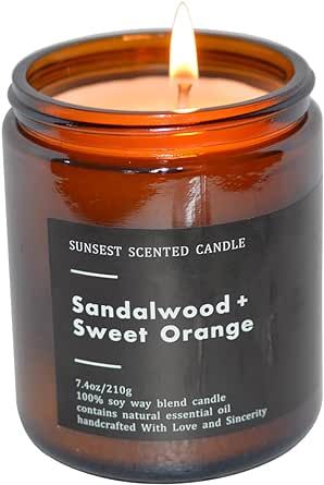 SunSest Scented Candle - Sandalwood & Sweet Orange - All Natural Soy Wax and 100% Pure Essential