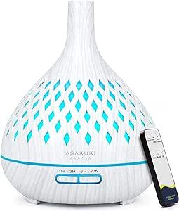 ASAKUKI Essential Oil Diffuser with Remote Control, 400ml Cool Mist Humidifier, 16 Hours Operation Aroma Diffuser with Waterless Safety Switch & 14 LED Colors-White
