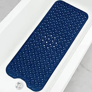 Linoows Bathtub and Shower Mats, Extra Long Non-Slip Bath Mat 39 x 16 Inch, Machine Washable Bath Tub Mat with Suction Cups & Drain Holes for Bathroom, Navy Blue