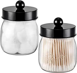 Farmhouse Decor Apothecary Jar Set,Mason Jar Bathroom Vanity Storage Organizer Canister - Qtip Holder Plastic Acrylic Jar for Cotton Swabs,Cotton Pads,Floss Picks,Paper Clips,Hair Clips(2 Pack,Black)