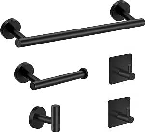 Tudoccy 5-Pieces Matte Black Bathroom Hardware Set SUS304 Stainless Steel Round Wall Mounted - Includes 16" Hand Towel Bar, Toilet Paper Holder, 3 Robe Towel Hooks,Bathroom Accessories Kit