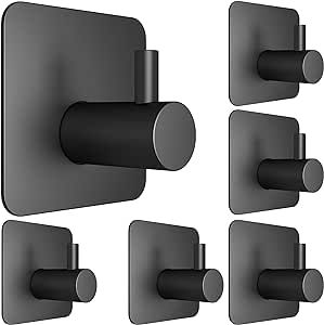 Honmein 6 Pcs Adhesive Wall Hooks for Hanging - Waterproof Shower Hooks, Heavy Duty Towel Hooks for Bathrooms, Kitchens, and Offices (Black)