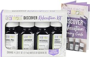 Aura Cacia Essential Oil Relaxation Kit, 4-Pack, Lavender, Patchouli, Sweet Orange, Chamomile, Sweet Basil & Learning Guide