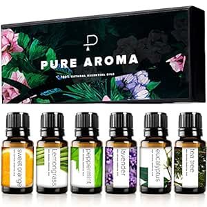 Essential Oils by PURE AROMA 100% Pure Oils kit- Top 6 Aromatherapy Oils Gift Set-6 Pack, 10ML(Eucalyptus, Lavender, Lemon Grass, Orange, Peppermint, Tea Tree)