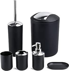 Papillon Bathroom Accessories -6 Piece Plastic Toothbrush Holder,Toothbrush Cup,Soap Dispenser and Dish,Toilet Brush Holder,Trash Can,Tumbler Straw Gift Set (Black)