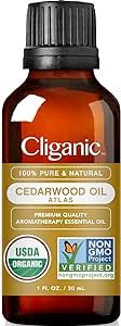 Cliganic Organic Cedarwood Essential Oil - 100% Pure Natural Undiluted, for Aromatherapy Diffuser | Non-GMO Verified