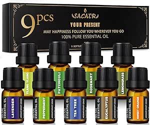 Essential Oils Set -100% Natural Essential Oils -Perfect for Diffusers, Aromatherapy,Humidifiers,Massage,Skin & Hair Care, DIY Candle and Soap Making,9x5 ML(0.17oz)