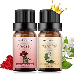 Rose Oil Jasmine Essential Oil Set, 100% Pure Organic Aromatherapy Oils Gift Set for Diffuser, Massage, Soap, Candle Making - 2 x 10ml