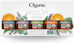 Cliganic Organic Essential Oils Set (Top 5 x 15ml) - 100% Pure Natural - Aromatherapy, Candle Making - Peppermint, Lavender, Eucalyptus, Lemongrass & Orange