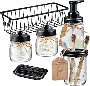 Mason Jar Bathroom Accessories Set(6PCS) - Foaming Soap Dispenser,Toothbrush Holder,Qtip Holder,Apothecary Jars, Soap Dish,Metal Wire Storage Organizer - Rustic Farmhouse Decor (Black)