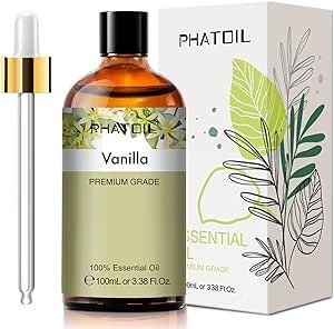 PHATOIL 100ML Vanilla Essential Oil, Huge 3.38fl.oz Bottle Vanilla Oil, Pure Aromatherapy Essential Oils for Diffuser, Humidifier, Scented Oils for Soap, Candle Making