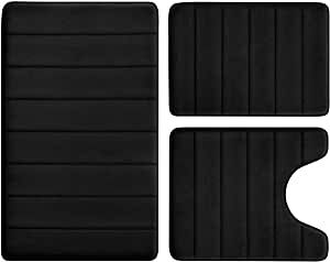 BYSURE Black Memory Foam Rug Set 3 Piece Non Slip Extra Absorbent Shaggy Soft & Dry Bath Mat Sets for Bathroom Washable Carpets Set