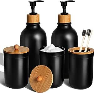 MIERTING Black Bathroom Accessories Set 5 Pcs, Matte Black Bathroom Accessories, Plastic Soap Dispenser and Toothbrush Holder Set, Qtip & Cotton Ball Holder, Boho Bathroom Decor, Black Bathroom Set