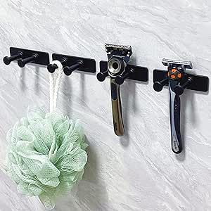 pickpiff 4-Pack Shower Hooks for Inside, Extra Sticky Stainless, Razor Holder Wall Mounted, Shower Accessories, Self-Adhesive Double Hooks for Razor, Loofah, Towel, Shaver, Coat, Key, Matt Black