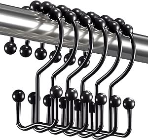 Titanker Black Shower Curtain Hooks Rings, Rust-Resistant Metal Double Glide Shower Hooks for Bathroom Shower Rods Curtains, Set of 12 Hooks - Matte Black