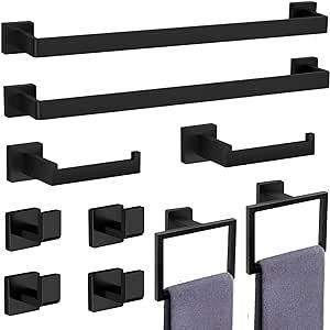 10-Pieces Matte Black Bathroom Accessories Set, 24 Inch Bathroom Hardware Set, SUS 304 Stainless Steel Bath Towel Bar Set, Towel Racks for Bathroom Wall Mounted.