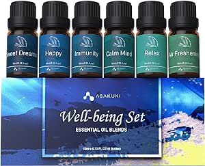 ASAKUKI Essential Oil Blends Set for Diffusers for Home, Well-Being Gift Kit- Calming, Dreams, Breathe, Relaxing, Mood, Fresh Air Aromatherapy Oils for Humidifiers, Massage, 6x10ml