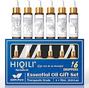 HIQILI Essential Oils Gift Set (6 Pack),100% Pure Natural for Home, Aromatherapy, Diffuser, Contains Lavender, Eucalyptus, Sweet Orange, Lemongrass, Tea Tree, Peppermint (10ML)