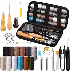 BAGERLA Upholstery Repair Kit, 48pcs Leather Sewing Kit with Upholstery Thread, Sewing Awl, Seam Ripper, Needles, Thimble Leather Stitching Kit for Carseat Carpet Shoes Backpack Repair DIY Crafting