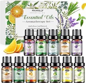 Essential Oils Set, Aromatherapy Essential Oil Kit for Diffuser, Humidifier, Massage, Skin Care (12 x 5ml) - Tea Tree, Lavender, Sweet Orange, Eucalyptus, Lemongrass, Peppermint