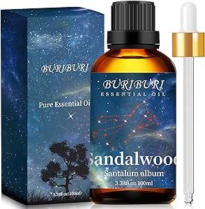 BURIBURI 100ML Sandalwood Essential Oil, 100% Pure Undiluted Aromatherapy Sandalwood Oil 3.38fl.oz for Soap, Candle Making, Massage, Diffuser, Humidifier