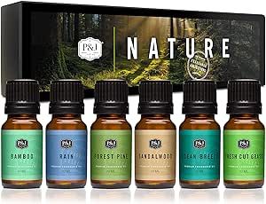 P&J Trading Nature Set of 6 Premium Grade Fragrance Oils - Forest Pine, Ocean Breeze, Rain, Fresh Cut Grass, Sandalwood, Bamboo - 10ml