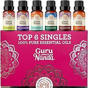 GuruNanda Essential Oils Set for Diffusers, 100% Pure, Aromatherapy, Massage, Skin Care, Candle and Soap Making Lavender, Peppermint, Eucalyptus, Orange, Lemongrass, Cedarwood 0.33 Fl Oz (Pack of 6)