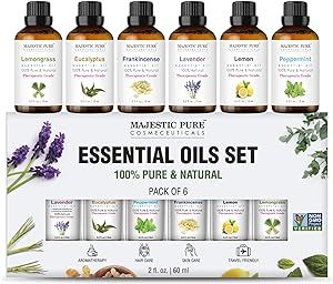 Majestic Pure Essential Oils Set, 100% Pure & Natural Essential Oil for Diffusers, Aromatherapy, Candle, Humidifiers, Gifts – Peppermint, Lavender, Eucalyptus, Tea Tree, Lemongrass - (10ml x 6)