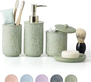 Premium Pastel Green Bathroom Accessories Set, Green, Boho Decor. Accesorios para Banos. New Apartment Essentials. Green Toothbrush Holder and Soap Dispenser.