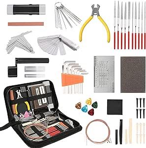 72PCS Guitar Tool Kit,Professional Guitar Repairing Maintenance Tool Kit with Guitar Strings Picks Bridge Pins Gauge Guitar Accessories Gift for Acoustic Guitar Electric guitar Ukulele Bass Banjo