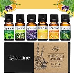 EGLANTINE Essential Oil Sets Top 6 Oils for Aromatherapy Oil Blends for Diffusers 100% Natural Massage, Candle Making, Home Care, Eucalyptus, Lemon, Lavender, Orange, Peppermint, Tea Tree