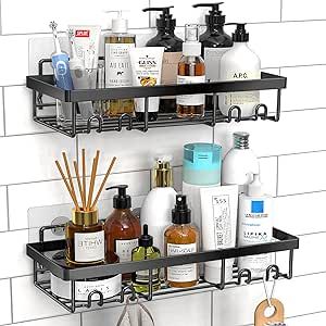 Moforoco Shower Caddy Shelf Organizer Rack, Self Adhesive Black Bathroom Shelves Basket, Home Farmhouse Wall Inside Organization and Storage Decor Rv Accessories, First Apartment Essentials