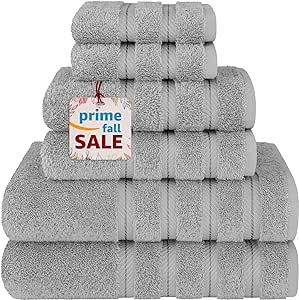 American Soft Linen Luxury 6 Piece Towel Set, 2 Bath Towels 2 Hand Towels 2 Washcloths, 100% Turkish Cotton Towels for Bathroom, Light Grey Towel Sets