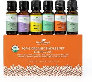 Plant Therapy Top 6 USDA Organic Essential Oil Set - Lavender, Peppermint, Eucalyptus, Lemon, Tea Tree 100% Pure, Natural Aromatherapy, for Diffusion & Topical Use, Therapeutic Grade 10 mL (1/3 oz)